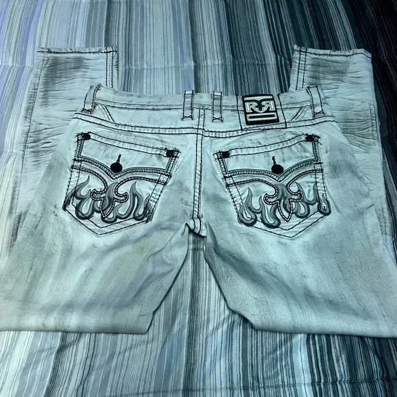 Rock Revival Light Grey Slim Straight Jeans with Embroidered Flame Pockets - Picture 1 of 2